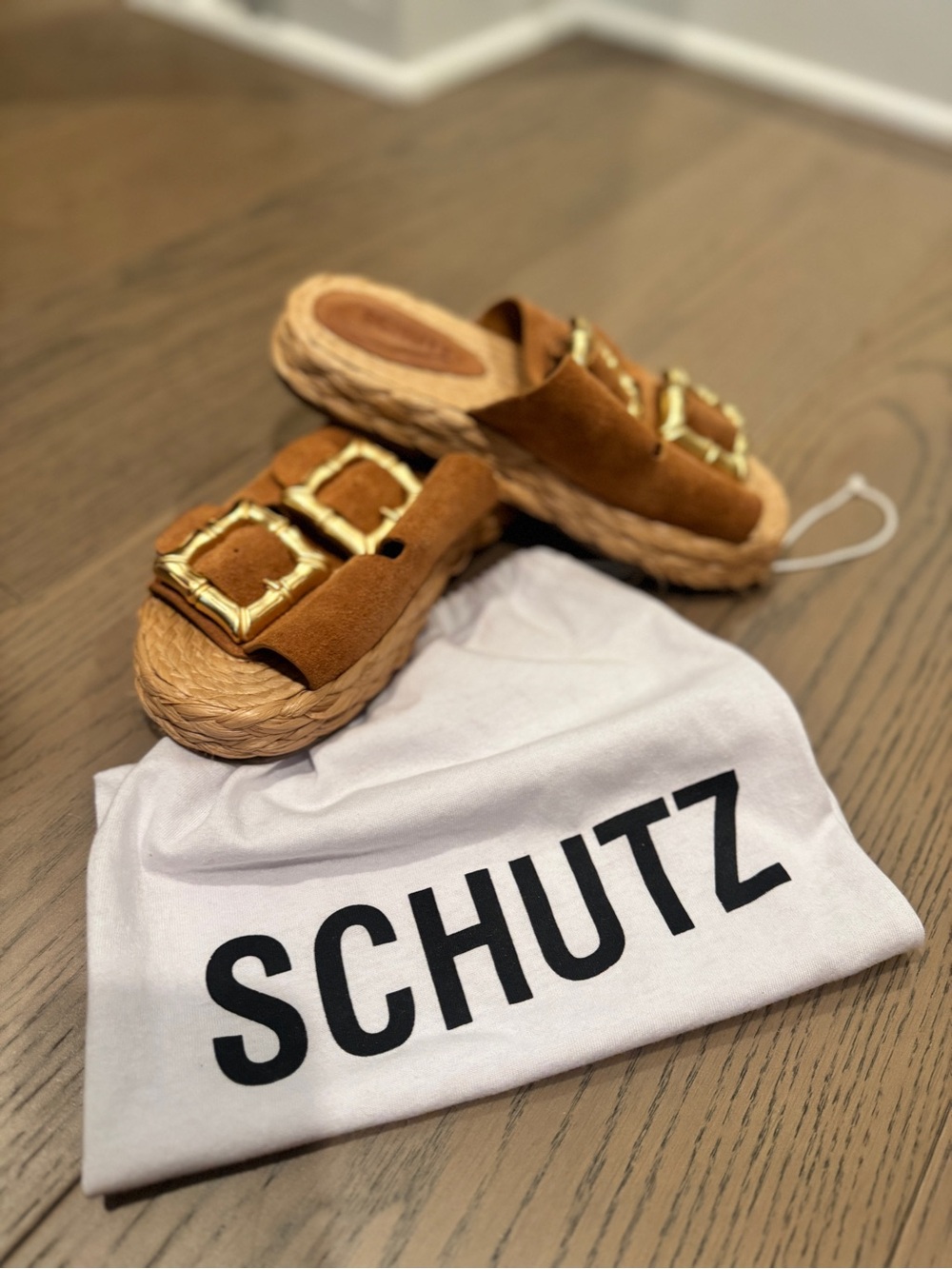 SCHUTZ Tan Suede Slide Sandals with Gold Buckles